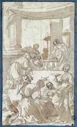 Pyhän perheen palvottu pyhät Charles Borromee (1538-1584), Francois Assisilainen (1182-1226), Claire Assisi (1194-1253) ja Lucia Drawing ink and Wash, Carlo Bononi (1569-1632) Sun. 0,26 x 0,15 m Pariisi. Louvren taidemuseo