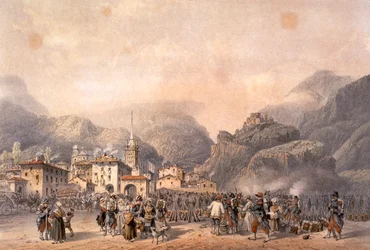 Ranskan leiri Susassa vuonna 1859, kirjoittanut Carlo Bossoli (1815-1884), kaiverrus. Toinen vapaussota, Italia 1800-luku.