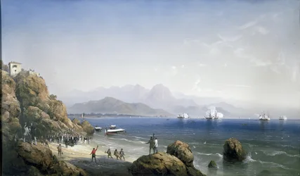 Merikaapelin laskeminen La Speziassa 1800-luvun jälkipuoliskolla (maalaus).
