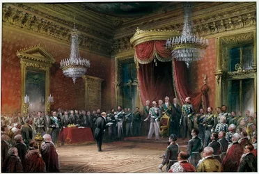 Risorgimento - Carlo Farini (1812-1866) esittelee Victor Emmanuel II:lle (Victor Emmanuel) (Vittorio Emanuele) (1820-1878) Emilia Romagnan liittämissopimuksen vuonna 1860 (öljy kankaalle)
