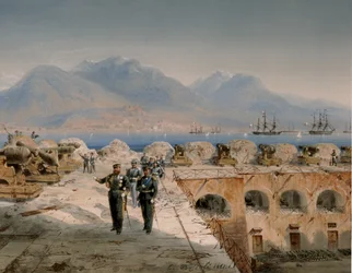 Gaetan piiritys, äskettäin vallattujen linnoitusten tarkastus (tempera)