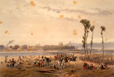 Ranskalaiset ohittivat Sesian Vercellissä vuonna 1859, kirjoittanut Carlo Bossoli (1815-1884), kaiverrus. Toinen vapaussota, Italia