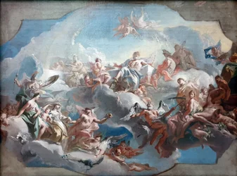 Saksa: Der Aufbruch der Göttinnen Juno, Venus und Minerva, geleitet von Merkur, zum Parisurteil Jumalatarten Junon, Venuksen ja Minervan lähtö Pariisin tuomiolle.