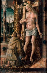 Pyhä Franciscus Assisilainen kerää Kristuksen verta Carlo Crivellin puupiirros (1430/35-1494/1500) 1480-1486 su. 19x13 cm Milano, Poldi Pezzoli -museo