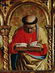 Pyhä Matteus, yksityiskohta SantEmidion polyptyykistä, 1473, tempera paneelille, yksityiskohta 76636:sta.