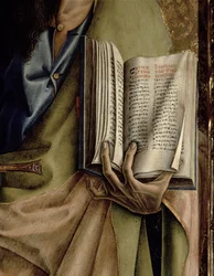 Pyhä Paavali, yksityiskohta kirjeenvaihtokirjasta, SantEmidion polyptyykistä, 1473, tempera paneelille, yksityiskohta kuvista 76647, 76646 ja 76636.