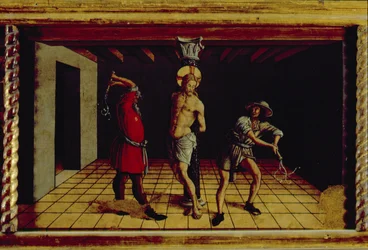 The Flagellation of Christ, keskellä oikea predella-paneeli San Silvestro polyptyykistä, 1468 (tempera paneelissa) (katso 76657)
