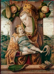 Neitsyt ja lapsi Niiden takana omenat ja kurkku, pohjassa avoin kirja (Raamattu). Tempera puulle, kirjoittanut Carlo Crivelli (1430/35-1494/1500)