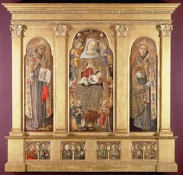 Neitsyt ja lapsi sekä pyhimykset Bonaventura ja Louis of Toulouse, n.1489 (tempera, kulta- ja öljylasitukset paneelilla).