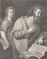 Pyhä Matteus seisoo kirjan edessä oikealla käsi rinnallaan, toinen mies..., 1750-84