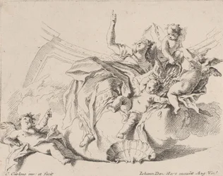 Rikkaus, jota edustaa pilvien päällä istuva ja putin ympäröimä nainen, joista yksi on..., 1725-75.