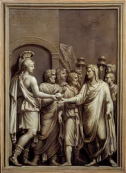 Muinainen Rooma: soturi ja mies togassa vaihtamassa palloa. Carlo Labruzzin (1748-1818) maalaus matalan roomalaisen reliefin jälkeen. Brest. Kuvataidemuseo