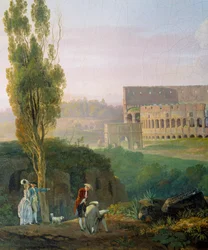 Ryhmä hahmoja, mies piirtää Colisen raunioiden edessä. Carlo Labruzzin (1765-1818) maalaus