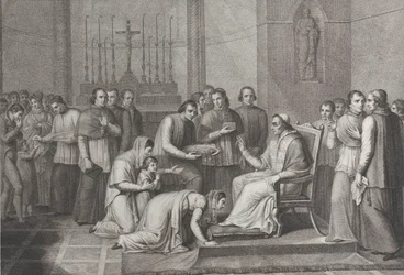 Nainen polvistuu suudellakseen paavi Pius VII:n jalkaa, väkijoukko hänen takanaan vasemmalla, 1814-50