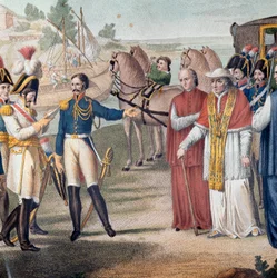 Itävaltalais-napolilainen armeija pidätti paavi Pius VII:n (Pio) (1742-1823) palattuaan Italiaan lähellä Parmaa 25. maaliskuuta 1814 - Carlo Lasinion (1759-1838) kaiverrus - Värilitografia (Paavi Pius VII:n pidätys (1742-1823) palattuaan Italiaan mennessä