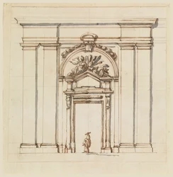 Rue San JaDesign seinän osalle, jossa on ovihyllyt, Paris, n.d.