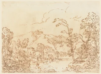 Piirros, Kylä purolla vuoristomaisemissa, 1770-86.