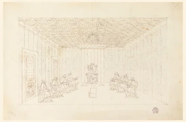 Piirros, Paavi Benedictus XIV konsistorissa kardinaalien kanssa, 1740-58.