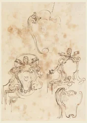 Piirustus, luonnoksia kehyksiä ja kaapistoja varten, 1758-69.