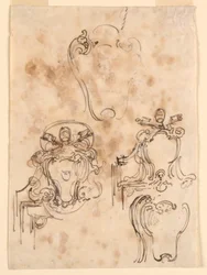 Piirustus, luonnoksia kehyksiä ja kaapistoja varten, 1758-69.