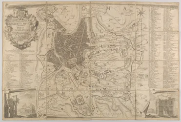 Muinaisen Rooman suunnitelma, josta on näkymät Pantheoniin alhaalla vasemmalla ja voittokaaren alalaiturilla..., 1748