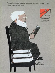 Karikatyyri Andrew Carnegie (1835-1919) piirros elokuvasta "Miljonaires of America"