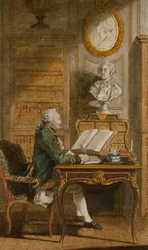 Monsieur de Cormainville kirjastossaan kirjoittamassa pöytänsä ääressä,