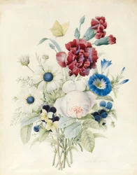 Kukkisuihke, mukaan lukien ruusu, sininen kierre ja orvokki, 1830 (wc ja vartaloväri paperilla)