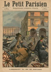 Portugalin kuninkaan Carlos I:n murha, "Le Petit Parisien" -lehden kuvitetun kirjallisuusliitteen kansikuva, 16. helmikuuta 1908