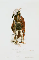 Pohjois-Amerikan intiaani, kirjasta "Modes et Costumes Historiques", kaivertanut Hippolyte Louis Pauquet (1797-s.1862) 1862