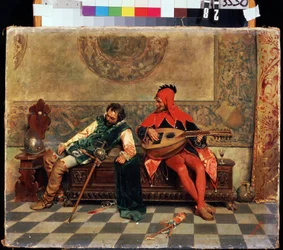 Humalassa soturi ja hovin huijari. Casimiro Tomban (1857-1929) maalaus. Öljy kankaalle, 37 x 47 cm. 1800-luvun italialaista taidetta. M. Kroshitskyn taidemuseo, Sevastopol.