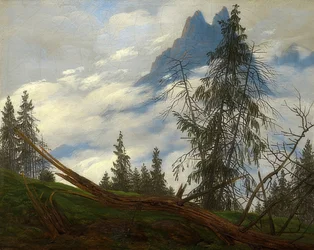 Vuorenhuiput liikkuvilla pilvillä. Noin 1835
