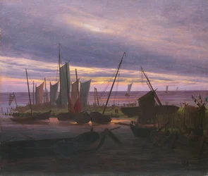 Veneitä satamassa illalla, n. 1828
