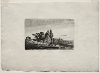 Kävelysilta, jossa on risti joen puiden edessä, n. 1803.