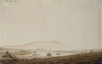 Maisema Böömissä ja näkymä Jeschkenin vuorelle, 1803 (tussi ja tussi, pesu paperille).