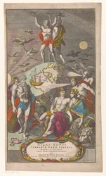 Atlas en Hercules dragen sternerhemel Otsikko voor: Johann Baptista Homan, Maailman imperiumien, kuningaskuntien ja valtioiden uusi atlas, joka näyttää tarkat maantieteelliset taulukot, 1710