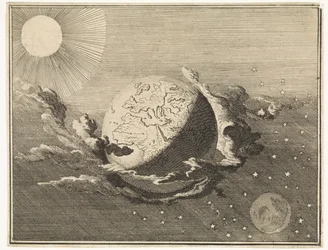 Universumi, jossa on maa, aurinko, kuu ja tähdet