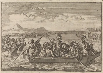Savoiasta jahdatut valdolaiset palaavat maihinsa proomuilla Genevejärven yli vuonna 1689