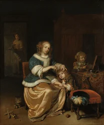 Sisustus, jossa äiti kampaa lapsensa hiuksia, tunnetaan nimellä "äidinhoito", 1669