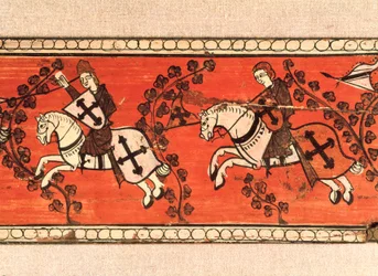 Ritarit kantavat lippuja. Tempera puulle katon koristelusta. 13. vuosisadalla.