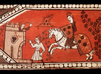 Ritarit kantavat lippuja: ritari, prinsessa ja heraut. Tempera puulle katon koristelusta. 13. vuosisadalla.