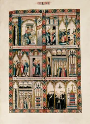 Pyhälle Marialle ja hänen ihmeilleen omistettu miniatyyri teoksesta Las Cantigas de Santa María (Songs of Saint Mary), Fol. 156