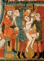 Pyhän Margaretin marttyyrikuolema, pyhimystä kidutettiin ja sitten mestattiin, yksityiskohta (tempera puulla)
