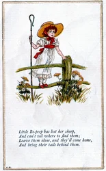 Kuvitus "Pikku Bo-Peep on menettänyt lampaansa", Kate Greenaway