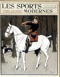 Metsästys (mies hevosen selässä kannustaa koiria) Kansi "" Modern Sports"" 02/1906