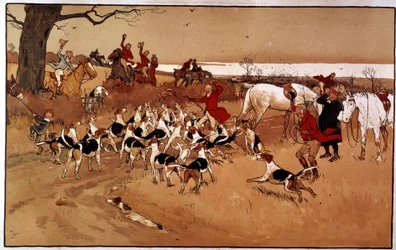 Metsästys kohtaus juoksi; ammunta. Kaiverrus Cecil Aldin (1870 -?), Englanti. Coll. Osa