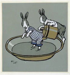 Kanit prennant un bain - "" Merry Party" -elokuvassa, ill. kirjoittanut Cécil Aldin, toim. Hodder & Stoughton, Lontoo