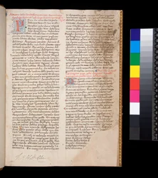 Ms 148. Gregorius Suuri, Dialogi italiaksi käännös. kirjoittanut Domenico Cavalca, f.1r Koristetut kirjaimet [P] ja [D] punaisella ja kynäkoristelu sinisellä