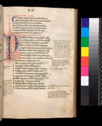 Ms 325. Lucan, Bellum Civile ja muut teokset, f.35r. Erotettu alkukirjain [P] punaisella ja sinisellä kontrastivärisellä kynäkukoilulla, n. 1353 (pergamentti)