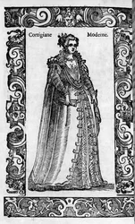 Renessanssi: roomalainen kurtisaani 1500-luvulla. Kaiverrus Cesare Vecellion "" Modern and Ancient Costumes" -julkaisusta